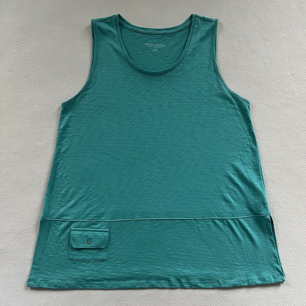 Soft Surroundings Tidal Wave Aqua Blue Pocket Slub Cotton Tank Sleeveless Top L